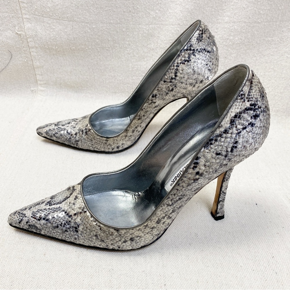 Manolo Blahnik Snake Print Sequin Pointy Toe Pump… - image 4